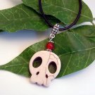 Bone Color Howlite Scull w/ Red or Black Gemstone Pendant Leather Necklace