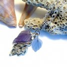 Purple  & Blue Frosted Glass leaves Silver Metal Leaf Handmade Pendant Necklace