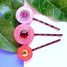 OOAK Pink Red Upcycled Vintage Button Handmade Bobby Pins Hair Pins