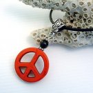 Red Howlite Peace Sign and Black Onyx Gemstone Pendant Leather Cord Necklace
