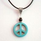 Turquoise Howlite Peace Sign & Black Onyx Gemstone Pendant Leather Cord Necklace