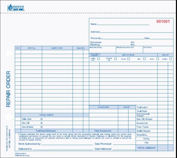 Automotive Repair Order Form - AROCC-600-3 PART