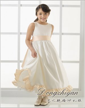 A-line Round-neck Tea-length Satin Flower girls Dress Custom Size WG005-14