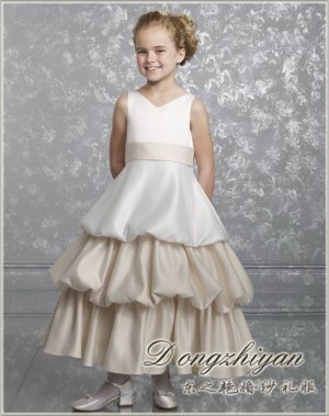 A-line V-neck tea-length Satin Flower girls Dress Custom Size WG005-32