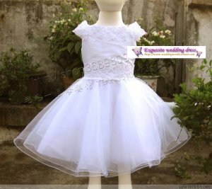 A-line Round-neck kness-Length white organza Flower Girl Dress WG007-1