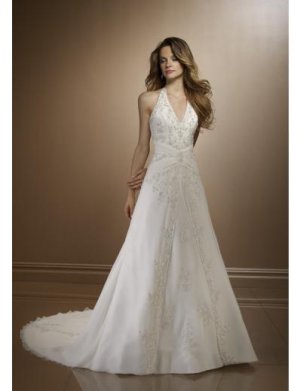 A-Line/Princess Halter Top Chapel Train Satin wedding dress for brides 2010 style(WDE0118)