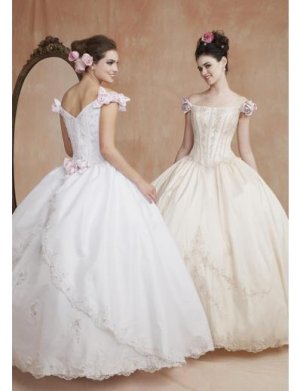 Ball Gown Off-the-shoulder Tea-length Satin Lace wedding dress for brides 2010 style(WDE0162)