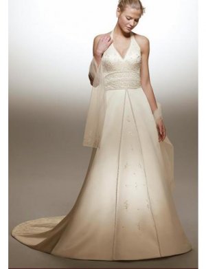 Empire V-neck Halter Top Chapel train Satin wedding dress for brides 2010 Style(WDA1636)