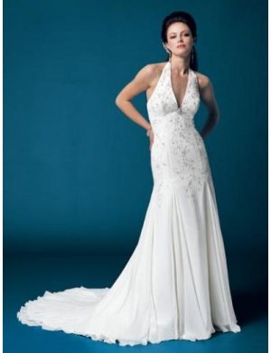 Empire Halter top Chapel train Satin wedding dress for brides 2010 style(WDA1433)