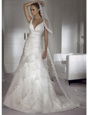 A-Line/Princess V-neck Chapel Train Organza wedding dress for brides new Style(BST0043)