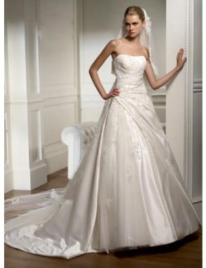 A-Line/Princess Strapless Chapel Train Satin wedding dress for brides new Style(WDS0069)