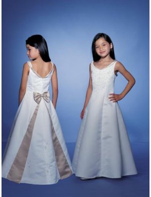 A-line V-neck Floor Length Satin Flower girls Dress 2010 style(FGD0048)