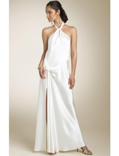 A-line/Princess Halter Top Tea-Length Satin wedding dress(SEW0674)