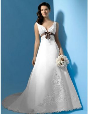 A-Line/Princess V-neck Chapel Train Satin wedding dress (WS0042)
