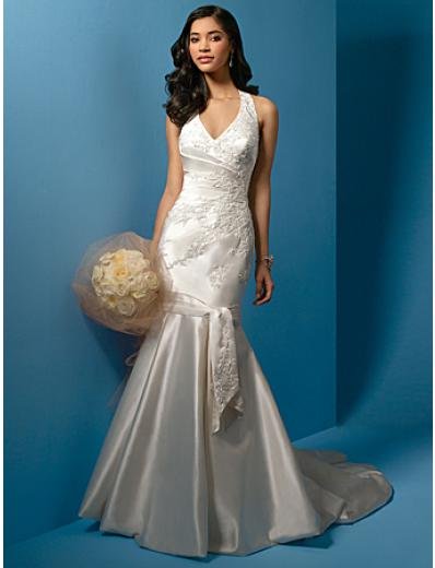 A-Line/Princess halter top Chapel Train Satin wedding dress (WS0019)