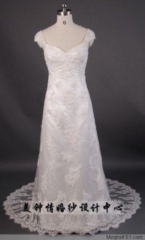 A-Line/Princess V-neck Capped Chapel Train Satin wedding dress (LF0070)