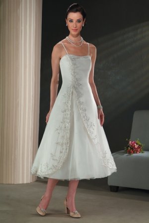 A-Line/Princess Strapless Tea-length Organza wedding dress for brides 2010style(DEX0036)
