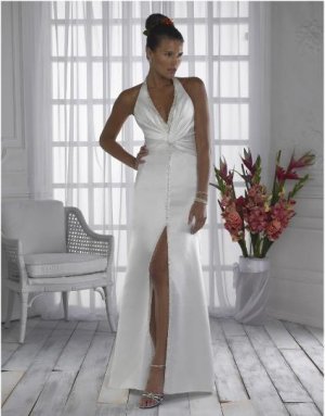 A-line/Princess Strapless halter top  Cathedral Satin wedding dress for brides 2010style(WDA033)