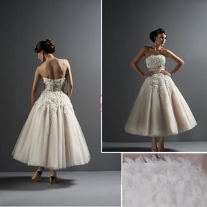 rush order Custom Made A-line Tea-length Tulle and Satin Bridal Wedding Dress / Wedding Gown