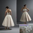 Custom Made A-line Tea-length Tulle and Satin Bridal Wedding Dress / Wedding Gown