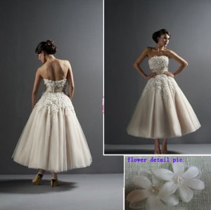 Custom Made A-line Tea-length Tulle and Satin Bridal Wedding Dress / Wedding Gown