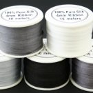 NEW 50M 4MM PURE SILK EMBROIDERY RIBBONS BLK WHT GREYS