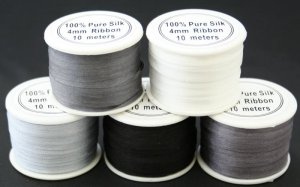 NEW 50M 4MM PURE SILK EMBROIDERY RIBBONS BLK WHT GREYS