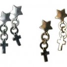 80's Retro New Wave Punk Gold or Silver Star & Cross Dangle Earrings