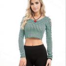 Mint Green Black Checkered Long Slashed Sleeve Casual Crop Top