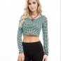 Mint Green Black Checkered Long Slashed Sleeve Casual Crop Top