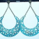 Turquoise Metal Half Moon Shaped Scrollwork Earrings with Floral Motif
