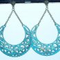 Turquoise Metal Half Moon Shaped Scrollwork Earrings with Floral Motif