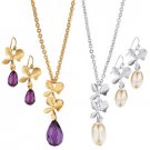 Avon Fancy Floral Necklace Earrings Set Goldtone Faux Amethyst Silvertone Pearl