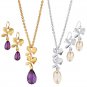 Avon Fancy Floral Necklace Earrings Set Goldtone Faux Amethyst Silvertone Pearl