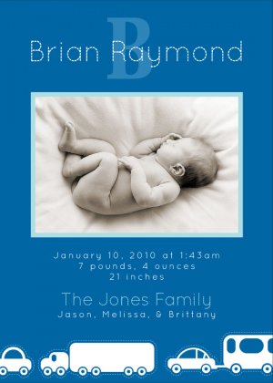 Toy Car Design - Custom Printable Baby Boy Birth Announcement