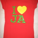 I LOVE JA Ladies Red Tee (Green & Yellow Print)