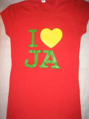 I LOVE JA Ladies Red Tee (Green & Yellow Print)