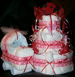 Ladybug Diaper Cake & Bassinet Set Pink Red White Girl