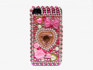 Bling Rhinestone Crystal Pink Heart Flower Pearl Hard Case Cover for Apple iPhone 4 4G 4S