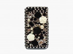 Bling Rhinestone Black White Flower Hard Case Cover for Apple iPhone 4 4G 4S FB
