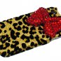 Bling Crystal Velvet Leopard Gold Red Bow Ribbon Back Case Cover for Apple iphone 4 4G 4S A1