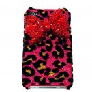 Bling Crystal Velvet Leopard Pink Red Bow Ribbon Back Case Cover for Apple iphone 4 4G 4S A1