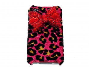 Bling Crystal Velvet Leopard Pink Red Bow Ribbon Back Case Cover for Apple iphone 4 4G 4S A1