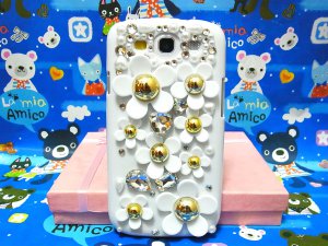 Bling Rhinestone Crystal Daisy Flower Pearl White Case Cover for Samsung i9300 Galaxy S3 SIII