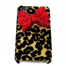 Bling Crystal Velvet Leopard Gold Red Bow Ribbon Back Case Cover for Apple iphone 4 4G 4S A1