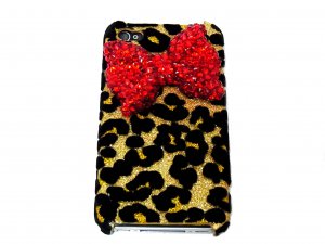 Bling Crystal Velvet Leopard Gold Red Bow Ribbon Back Case Cover for Apple iphone 4 4G 4S A1