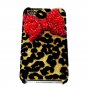 Bling Crystal Velvet Leopard Gold Red Bow Ribbon Back Case Cover for Apple iphone 4 4G 4S A1