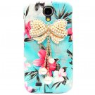 Bling Crystal Pearl Bow Flower Blue Hard Case Cover For Samsung i9500 Galaxy S4 BW