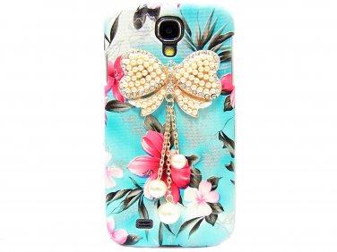 Bling Crystal Pearl Bow Flower Blue Hard Case Cover For Samsung i9500 Galaxy S4 BW