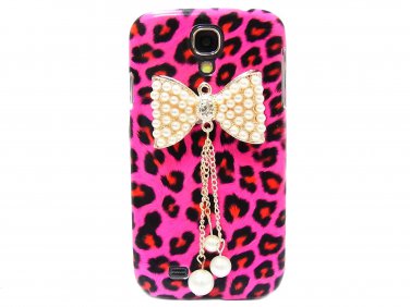 Bling Crystal Leopard Pink Pearl Bow Case Cover For Samsung i9500 Galaxy S4 BP
